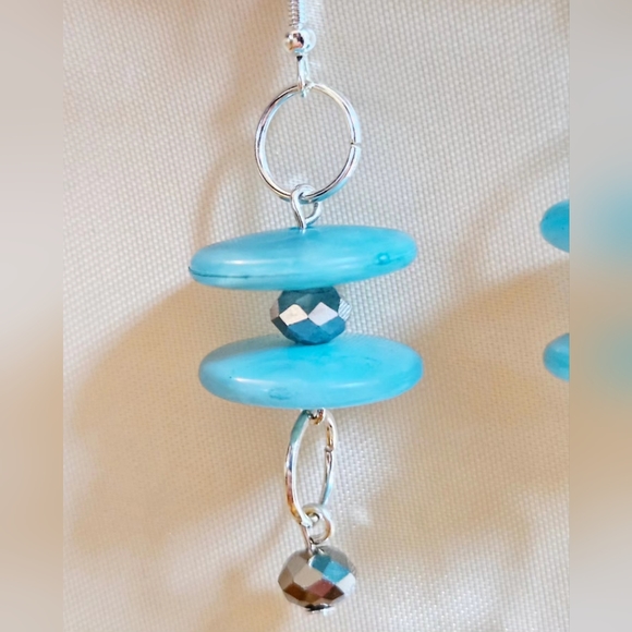 Turquoise "UFO" Beaded Handmade Upcycled Earrings - Picture 2 of 2